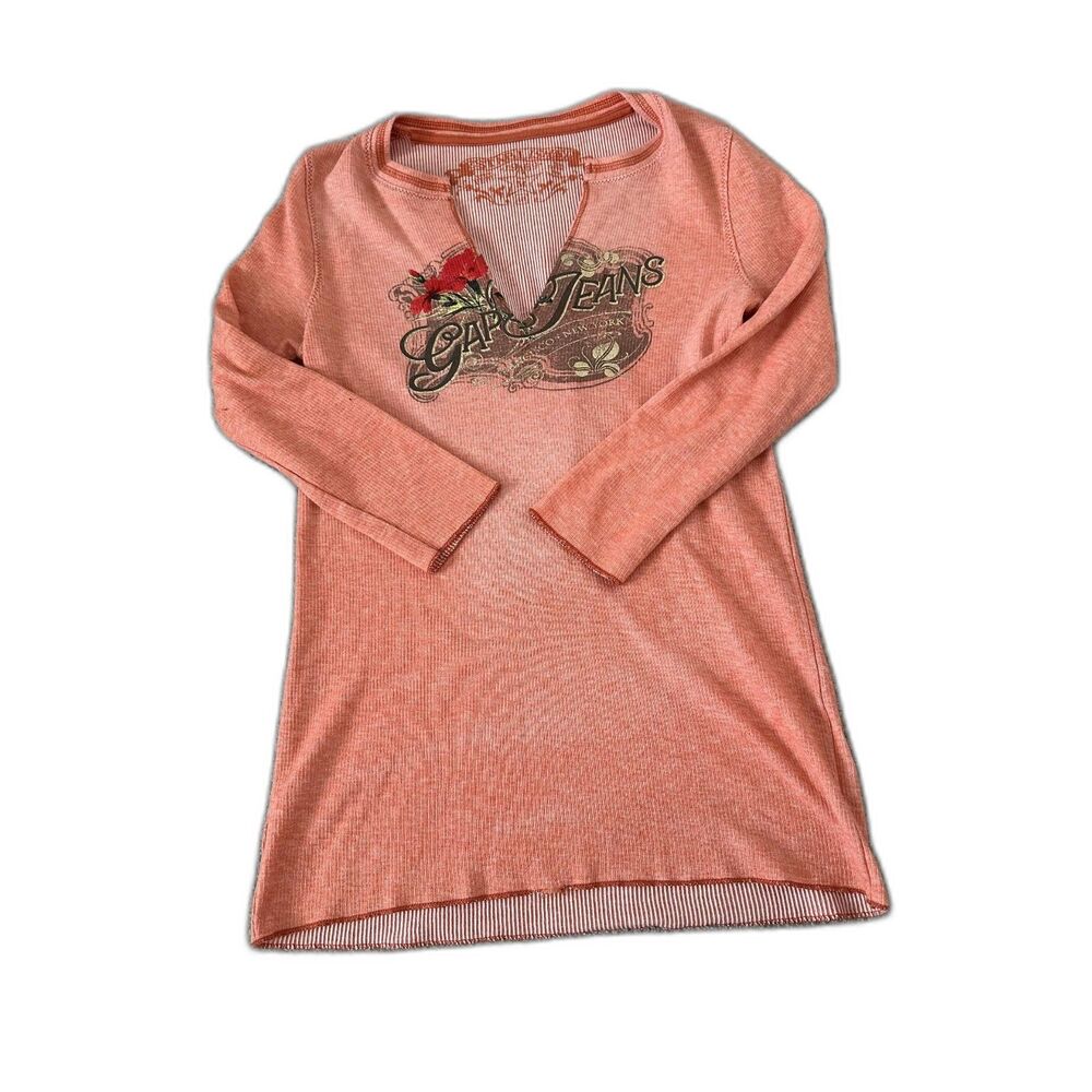 Vintage Y2K Gap Jeans Graphic Thermal Top Waffle Knit Split Neck Orange Medium